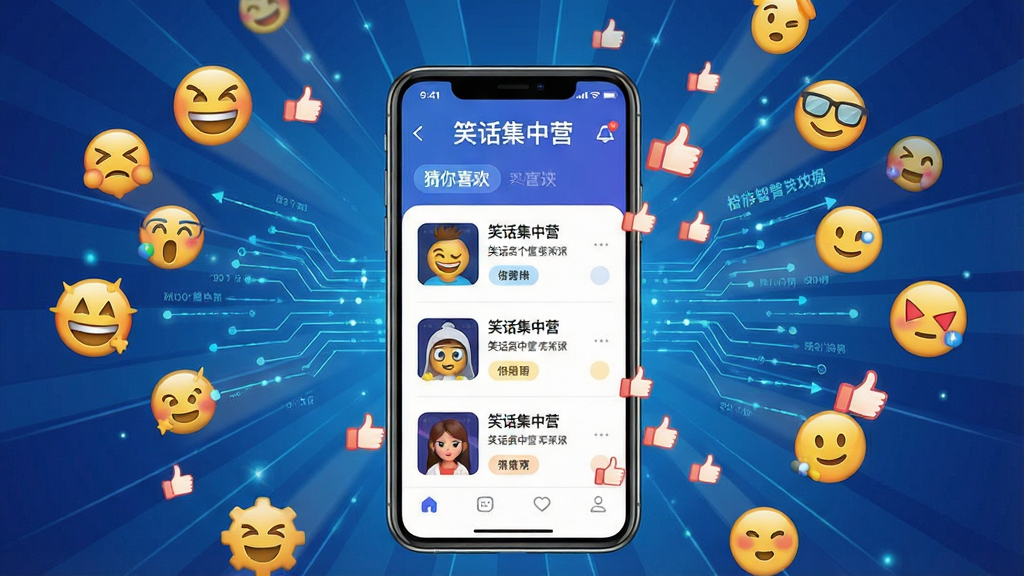 һ��չʾЦ������Ӫ�����Ƽ����ܵ�ʾ��ͼ������������һ���ֻ�����Ļ����ʾ���Ի��Ƽ�ҳ�棬��Χ�����Ÿ��ֱ�����ź͵��޶��������ֲ��÷���״��ͼ�����Ƽ�����Ȥζ�Խ�ϣ�ϸ�ڰ����������������Ƽ���ǩ�����ֱ�ע��Ц������Ӫ���͡�����ϲ��������������������ɾ����޶���Ԫ�ء�