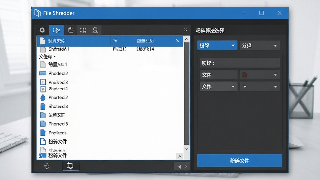 һ��չʾ File Shredder �����������ͼƬ�������������������ڣ������࣬������ļ��б������Ҳ��Ƿ����㷨ѡ�������ײ��С������ļ�����ť��������Ϊ�ִ��Ƽ��У���ɫ�����ɫ���䣬ϸ�����������ʸɾ����޶���Ԫ��