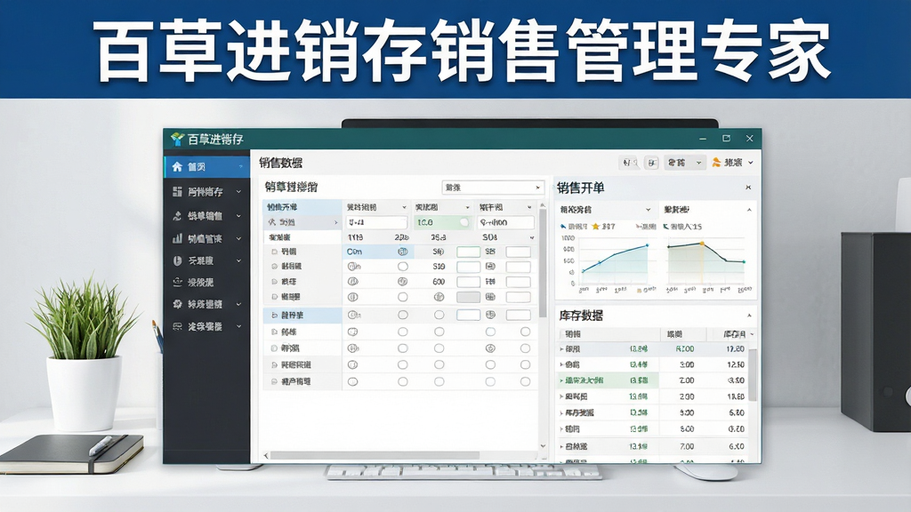 一张展示百草进销存销售管理专家软件主界面的合成图,画面中央是软件主窗口,左侧为功能导航栏,右侧为销售开单与库存数据看板,界面上方标注“百草进销存销售管理专家”字样,背景为整洁的现代办公桌面,风格清爽专业,细节清晰,画质干净,无多余元素
