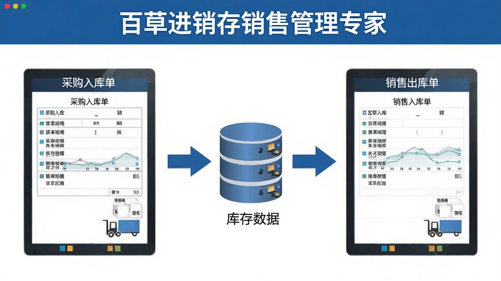 一张表现百草进销存销售管理专家采购销售流程的示意图,画面左侧为采购入库单,右侧为销售出库单,中间以箭头连接库存数据库,界面标注“百草进销存销售管理专家”,整体布局清晰,风格简洁商务,细节完整,画质干净,无多余元素