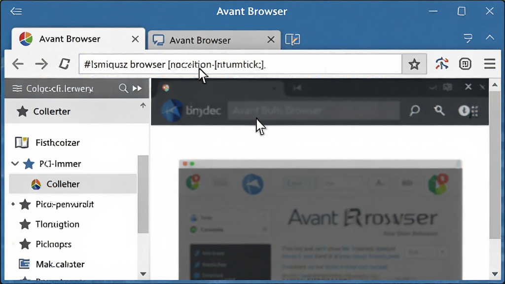 һ��չʾ Avant Browser ������������ͼƬ��������������������ڣ��������ǩҳ����ַ���͵�����ť�������ʾ������ղؼУ��Ҳ�չʾ��ҳ���ݣ����岼�����������Ϊ��Լ����磬ϸ�ڰ�����ǩҳ�ϵ���վͼ������ָ�룬���ʸɾ��������޶���Ԫ��