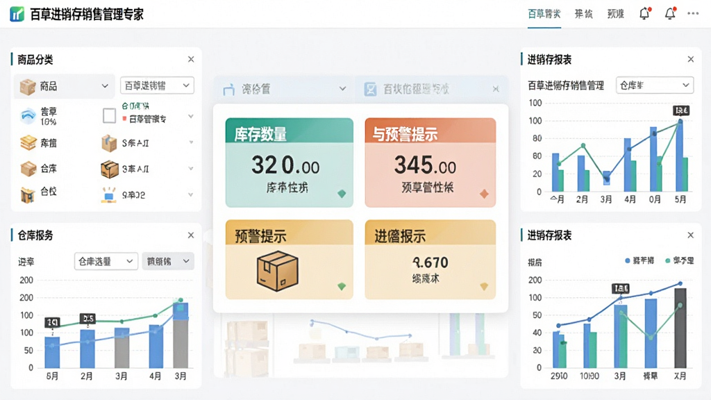 一张展示百草进销存销售管理专家库存管理模块的界面图,画面中央为库存数量与预警提示面板,周围环绕商品分类、仓库选择和进销存报表图表,界面标注“百草进销存销售管理专家”,风格现代简洁,排版整齐,画质干净,无多余元素