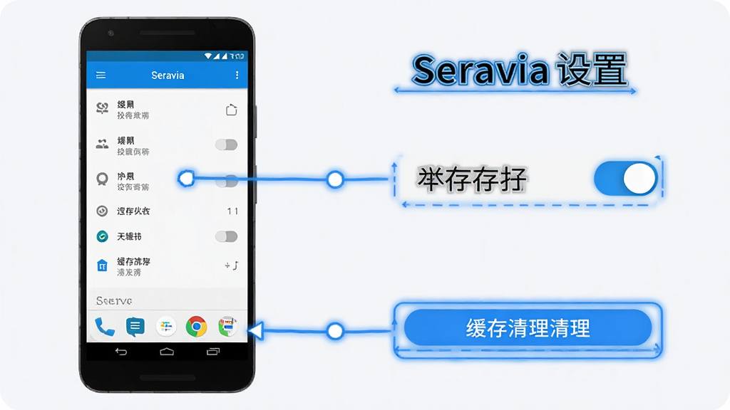 ����Ϊһ����׿�ֻ�չʾSeravia���ý��棬���ֲ�������ֻ��Ҳ๦�ܱ�ע�ߣ��Ű��ϱ�ע��ָ��Ȩ�޿����뻺��������ť�����Ϊ�Ƽ��̳�ͼ�⣬ϸ�ڰ���ǳɫ��������ɫ�����򡢼��ͼ�꣬���ʸ���ɾ��޶���Ԫ�أ�ͼƬ������Ϊ