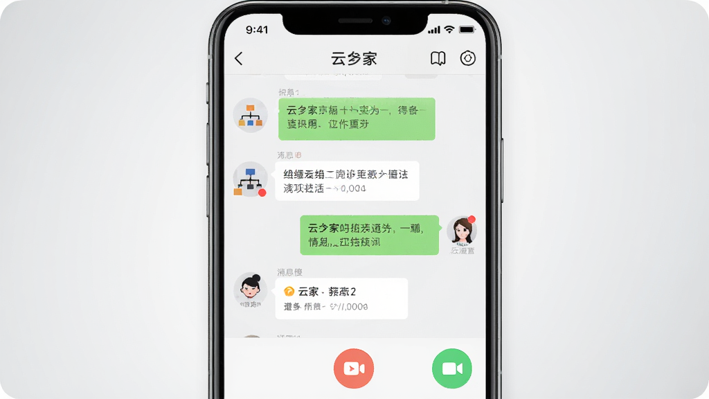 一张展示云之家即时通讯功能的界面截图风格图片,画面主体为手机屏幕显示云之家聊天界面,布局为居中展示手机,背景为浅灰色渐变,风格为扁平化UI设计展示风格,细节包括对话气泡、组织架构图标、未读消息红点、视频通话按钮,画质高清,干净,无多余元素。