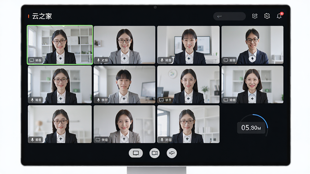一张展示云之家视频会议功能的场景图片,画面主体为多个视频窗口排列在屏幕上,布局为网格状视频会议界面,风格为现代科技感UI风格,细节包括参会者头像、麦克风图标、屏幕共享按钮、会议时长显示,画质高清,干净,无多余元素。