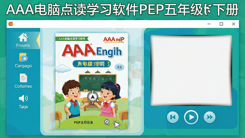 һ��չʾAAA���Ե��ѧϰ����PEP���꼶�²��������ͼƬ�������������������ڣ���������ʾ�˽̰�PEP���꼶�²�Ӣ��α�����͵�ԪĿ¼�б�������й��ܵ��������Ҳ���ʾ�������Ͳ��ſ��ư�ť�����岼�������������������õ�����ɫ�������Ϊ�ִ���������������ƣ�ϸ�ڰ����α���ͼ�������ꡢ����ͼ��ȣ����������ɾ����޶���Ԫ�أ���Ļ�Ϸ���������������