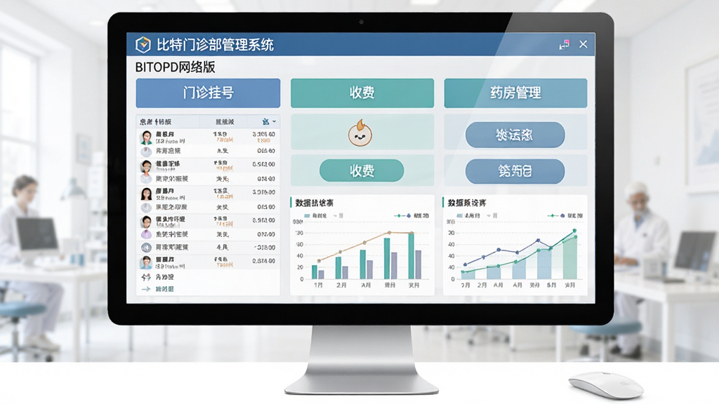 一张展示比特门诊部管理系统 BITOPD网络版 主界面的图片,画面中央是电脑屏幕,屏幕上显示门诊挂号、收费、药房管理等模块的软件界面,布局清晰,排版整齐,风格为现代医疗信息化风格,细节包括患者列表、功能按钮、数据统计图表,画质清晰,干净,无多余元素