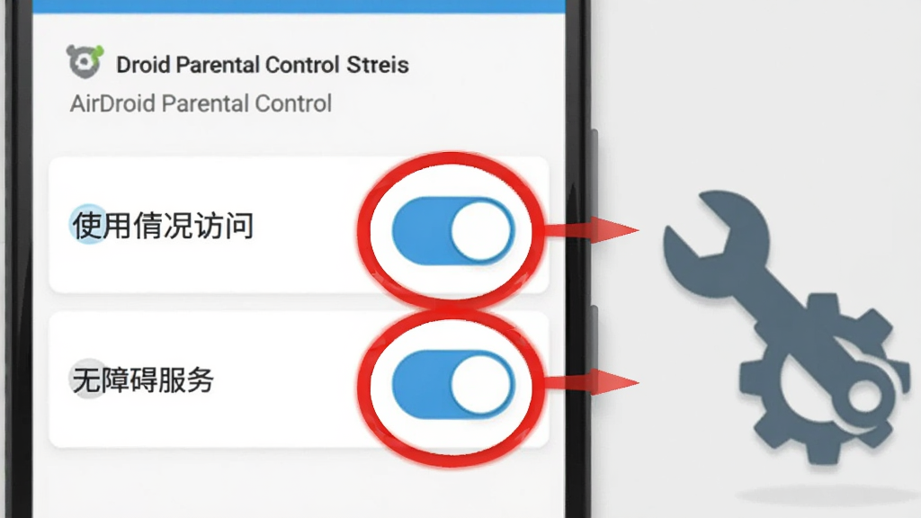 һ����׿�ֻ���Ļ����ʾ AirDroid Parental Control ��Ȩ������ҳ�棬ҳ�����ж��Ȩ�޿��أ����С�ʹ��������ʡ��͡����ϰ������������ر���ɫԲȦ��ע���ֻ��Ա���һ�����ֺͳ���ͼ�꣬����Ϊǳ��ɫ�����Ϊ���ı�ƽ���̳̲�ͼ��ϸ�ڰ��������Ŀ��ذ�ť����ע��ͷ����͵���Ӱ�������������ɾ����޶���Ԫ��