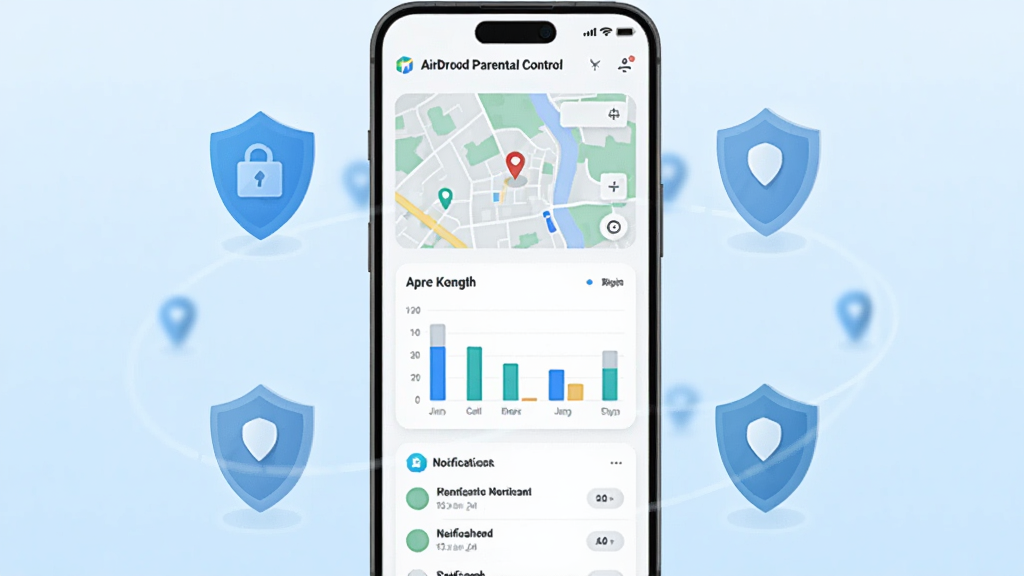 ����������һ�������ֻ�����Ļ����ʾ AirDroid Parental Control �ļҳ��˽��棬�������λ�õ�ͼ��Ӧ��ʱ����״ͼ��֪ͨ�б�����ģ�飬�ֻ���Χ�����Ŵ�����ȫ�ػ��Ķ���ͼ��Ͷ�λ��ǣ���������͵�ǳ��ɫ���䣬���岼�ּ��Գƣ����Ϊ��ƽ���Ƽ��廭��ϸ�ڰ���Բ�ǿ�Ƭ������������ͼ����΢�����Ӱ��Σ������������ɾ����޶���Ԫ��
