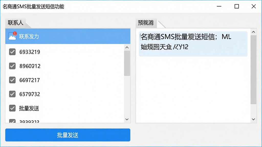 һ��չʾ����ͨSMS�������Ͷ��Ź��ܵĽ����ͼ������������������ʾ��ϵ���б��ѹ�ѡ������룬�·��С��������͡���ť���Ҳ�Ԥ��������ʾ�������ݣ����������ִ�����ɫ����ѡ��������ɾ��������������޶���Ԫ��