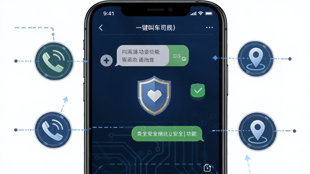 һ���г�˾���˳˿͹�ͨ�밲ȫ���ܽ��棬�������ֻ���Ļ��ʾ����Ի���Ͱ�ȫ����ͼ�꣬��Χ�е绰�Ͷ�λ���ţ�����Ϊ����ɫ�Ƽ����ϸ�ڷḻ�������������޶���Ԫ��