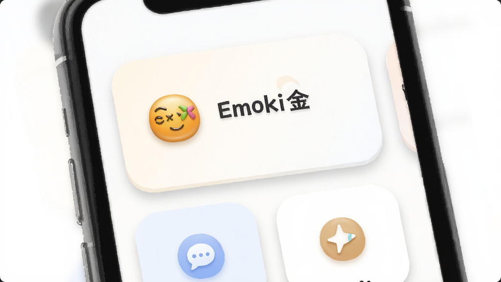һ��Emoki������������ˬ���Ĳ廭������Ϊ�ֻ���Ļ��д����Ļ����ʾ��Emoki�𡱿�Ƭʽ������ڣ�����Ϊ�����ֻ����棬�Ű����룬���Ϊ���¼�ԼUI�廭��ϸ�ڰ���ǳɫ��Ƭ��Բ��ͼ�ꡢ�����Ӱ�����ʸ��塢�ɾ����޶���Ԫ��