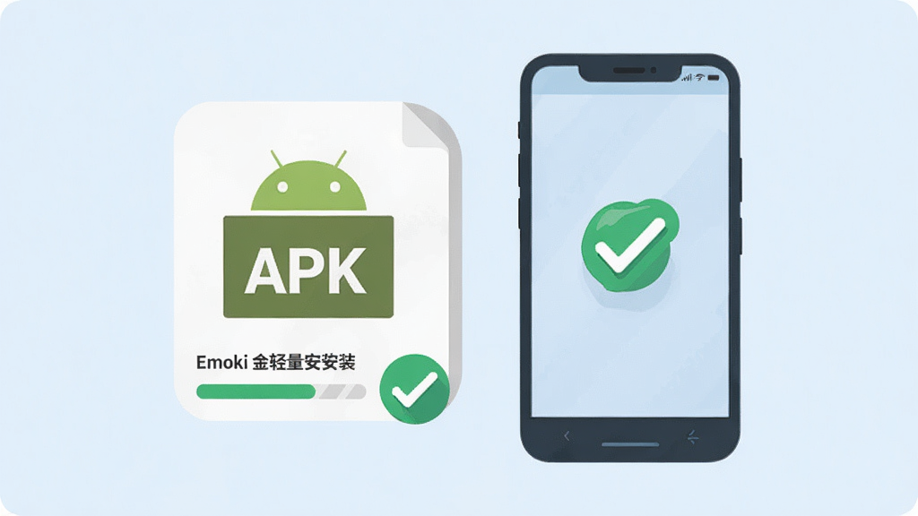 һ��չʾEmoki��������װ����Ĳ廭������Ϊһ����׿APK��װ��ͼ�����ֻ����ţ�����Ϊ���ҽṹ���Ű��࣬���Ϊ��ƽ��ʸ���廭��ϸ�ڰ�����װ����������ɫ�Թ���ǳ��ɫ���������ʸ��塢�ɾ����޶���Ԫ��