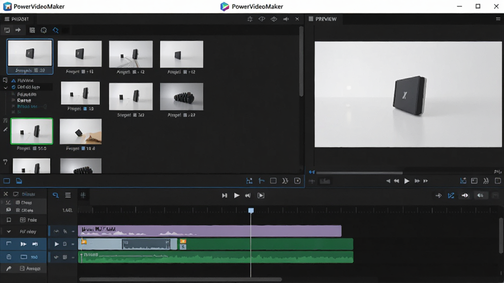 һ��չʾPowerVideoMaker�����������ͼƬ��������������Ƶ�༭�����������Ϊ�زĿ⣬�Ҳ�ΪԤ�����ڣ��ײ�Ϊʱ���߹�����������ִ�����������ˬ�������������ɾ����޶���Ԫ��