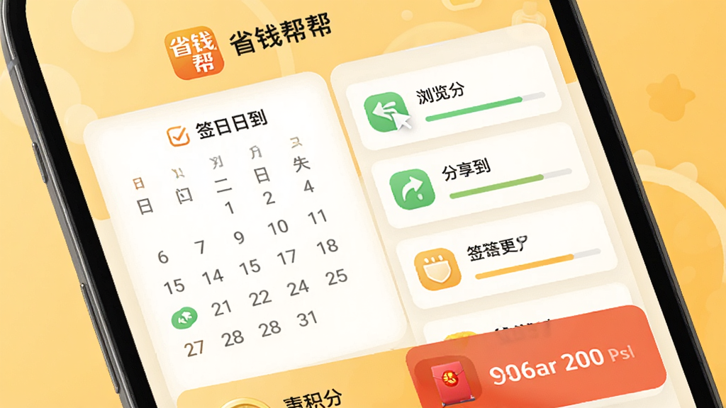 ʡǮ��ÿ��ǩ����������ҳ�棬����Ϊ�ֻ���Ļ��ʾǩ�������������б�����Ļ������ʡǮ��ͼ������ƣ���������������������ǩ����ͼ�꣬�ײ��л��ֺͺ�����չʾ������Ϊů��ɫ�������Ϊ����ǳɫ��ƣ�ϸ�ڰ�����ѡ״̬�ͽ����������ʸ��壬�ɾ����޶���Ԫ��