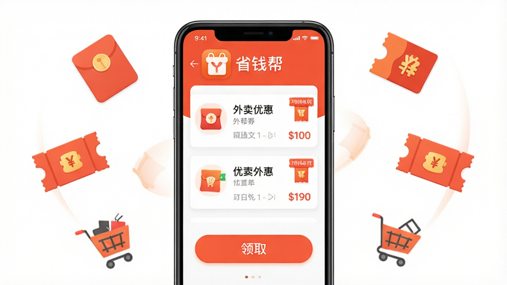 ʡǮ������������չʾ�������������ֻ���Ļ����Ļ����ʾ�����Ż�ȯ�б�����ȡ��ť��������óȺ�ɫ����������ʡǮ���������ƺ�ͼ�꣬��Χ���ƺ�����Ż�ȯ�����ﳵ��Сͼ��Ԫ�أ����岼�ּ�����������Ϊ��ƽ��UI��ƣ�ϸ�ڰ���Բ�ǰ�ť�ͼ۸��ǩ�����ʸ��壬�ɾ����޶���Ԫ��