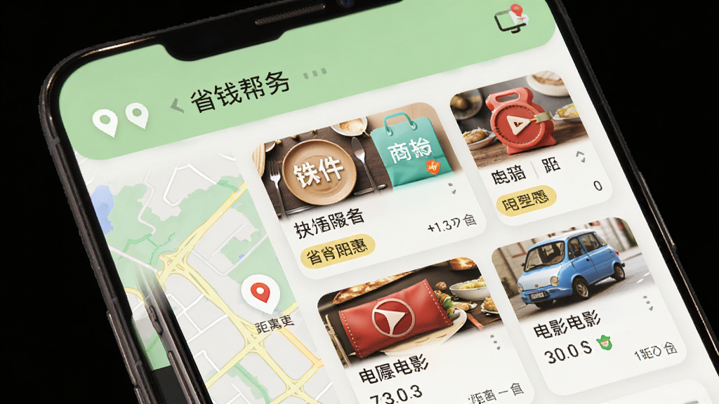 ʡǮ�ﱾ�����������ڽ��棬����չʾ�ֻ���Ļ�е�ͼ���̼��б�����Ļ�Ϸ���ʾʡǮ���������ƣ��̼ҿ�Ƭ�����������̳�����Ӱ��ͼ����Żݱ�ǩ������Ϊǳ��ɫ�Ͱ�ɫ���䣬���Ϊ��ˬ���ŷ磬ϸ�ڰ�����λͼ��;����ע�����ʸ��壬�ɾ����޶���Ԫ��