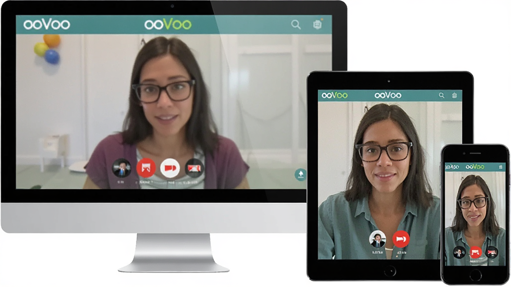 һ��չʾooVoo��ƽ̨ʹ�õ�ͼƬ��������ͬʱ���ֵ��ԡ�ƽ�塢�ֻ������豸���豸��Ļ�Ͼ���ʾooVoo��Ƶͨ�����棬����Ϊ��̨�豸����չʾ�����Ϊ��Լ��Ʒչʾ�磬ϸ�ڰ����豸��Ļ�ϵ�ͨ�������ooVoo��־�����ʸ��壬�ɾ����޶���Ԫ��