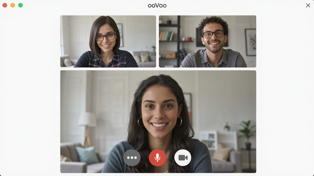 һ��չʾooVoo��Ƶͨ�������ͼƬ�����������������Ķ�����Ƶͨ�����ڣ�����Ϊ�Ϸ�����С���ڡ��·�һ���󴰿ڣ��������ִ������Ϊ��ƽ����ƣ�ϸ�ڰ���ͨ����ť����˷�ͼ�ꡢ����ͷͼ�꣬���ʸ��壬�ɾ����޶���Ԫ��