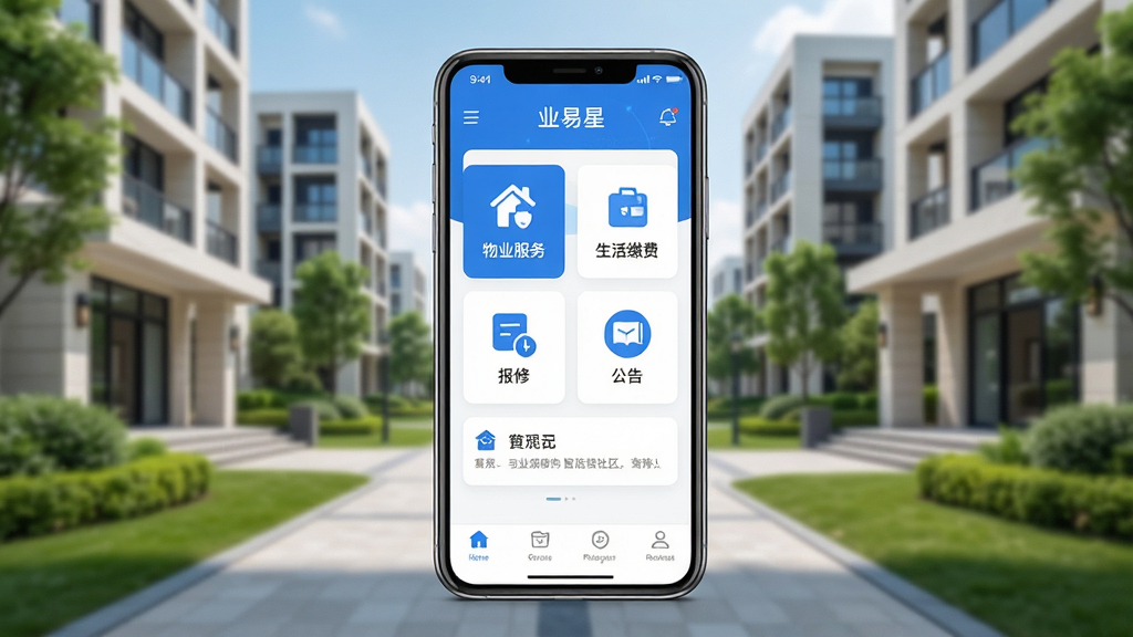 ҵ���� �ǻ����� APP ������չʾ�������������һ�������ֻ����ֻ���Ļ�ڳ��� ҵ���� Ӧ����ҳ�棬������ҵ��������ɷѡ����ޡ����� ��ͼ��ģ�飬����Ϊ�ִ�С��¥�����̻����������岼�ּ�����������ñ�ƽ���Ƽ����ɫ��������Ϊ����ϸ�ڷḻ������ɾ����࣬���廭�ʣ��޶���Ԫ��
