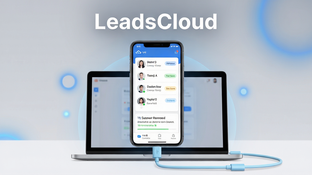 ����������һ�������ֻ�����Ļ������ʾLeadsCloudӦ�������棬�����а����ͻ��б���Ƭ�ʹ���������ѣ����ֲ��þ��й�ͼ���ֻ��·�����һ̨�ʼǱ����ԣ�����֮���õ���ɫ��������������ͬ�����Ű����������ơ�LeadsCloud���԰�ɫ��������ʾ�ڻ��涥�����е�λ�ã����Ϊ�ִ���Լ����Ƽ��磬����Ϊǳ��ɫ���䣬��׺������ɫ���Σ�ϸ�����ֻ���Ļ�ڿɼ��ͻ�ͷ�񡢹�˾���ơ�����״̬��ǩ��Ԫ�أ�ͼ������������Ҫ����塢�ɾ����޶���Ԫ�أ�����ɫ����ˬרҵ��