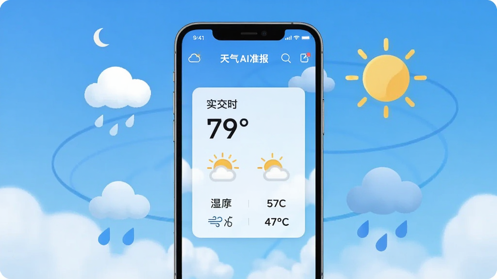 һ����Ϊ����AI׼�����ֻ�Ӧ�ý���չʾ�������������ֻ���Ļ����Ļ����ʾ������Ʊ����µ�ʵʱ������Ƭ�������¶����֡�����ͼ�ꡢʪ�ȷ�������Ϣ����Χ�������ƶ䡢̫������ε�����Ԫ�أ����岼�ּ�����������Ϊ�ִ���ƽ���Ƽ��磬ϸ�ھ��£����ʸ��壬�ɾ��޶���Ԫ��