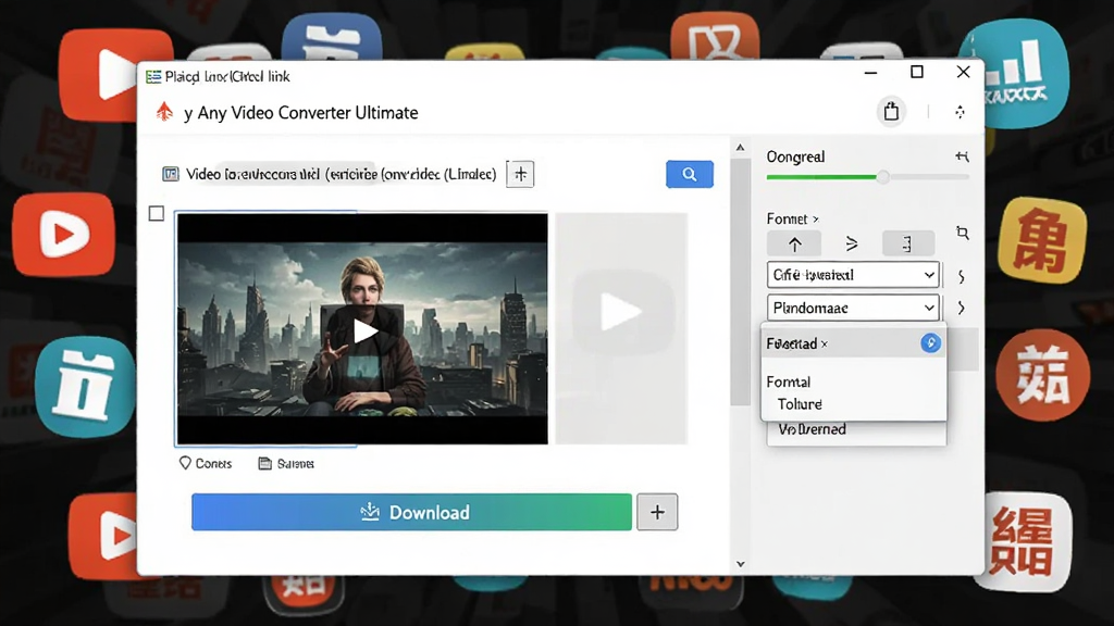 Any Video Converter Ultimate ������Ƶ���ع��ܽ��棬����չʾ����������ճ�����Ӻ��Զ���������Ƶ����ͼ�����ذ�ť�������Ҳ���ʾ���ؽ������ʽѡ��˵����������ж����Ƶ��վͼ��Ư��������ִ���࣬����������ϸ�ڷḻ�����ʸɾ����޶���Ԫ��