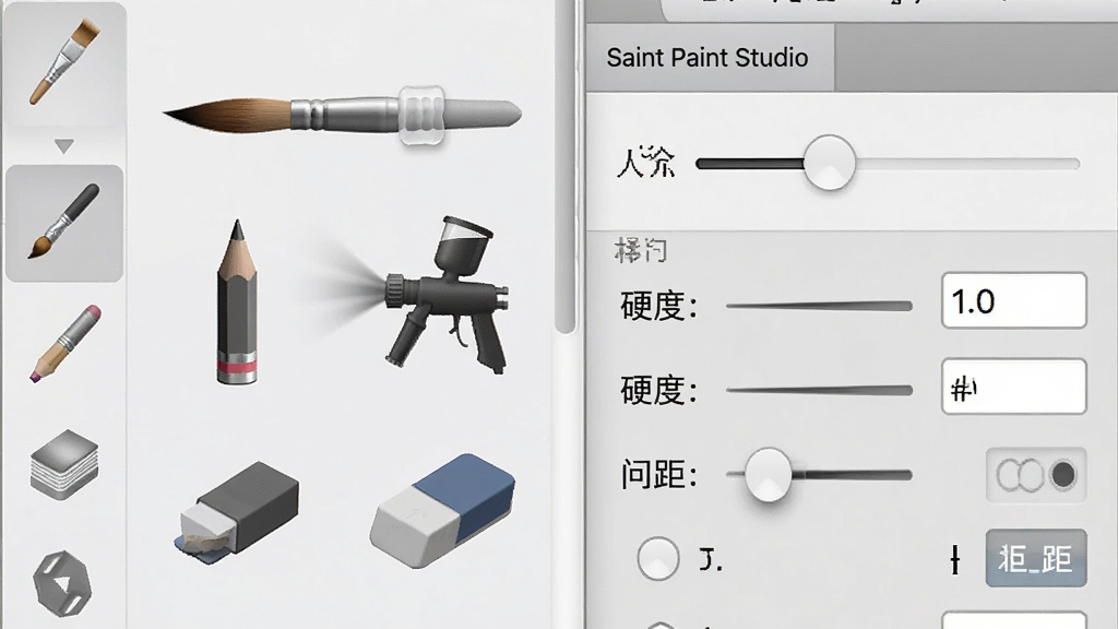 һ��չʾ Saint Paint Studio ���ʹ��������дͼ�����������ǹ������еĻ��ʡ�Ǧ�ʡ���ǹ����Ƥ��ͼ�꣬�Լ���ˢ������壻����Ϊ��๤���С��Ҳ������壻���Ϊдʵ��������磬ϸ�ڰ�����ˢ��С���顢Ӳ����ֵ�����ѡ����ʸ��塢�ɾ����޶���Ԫ��