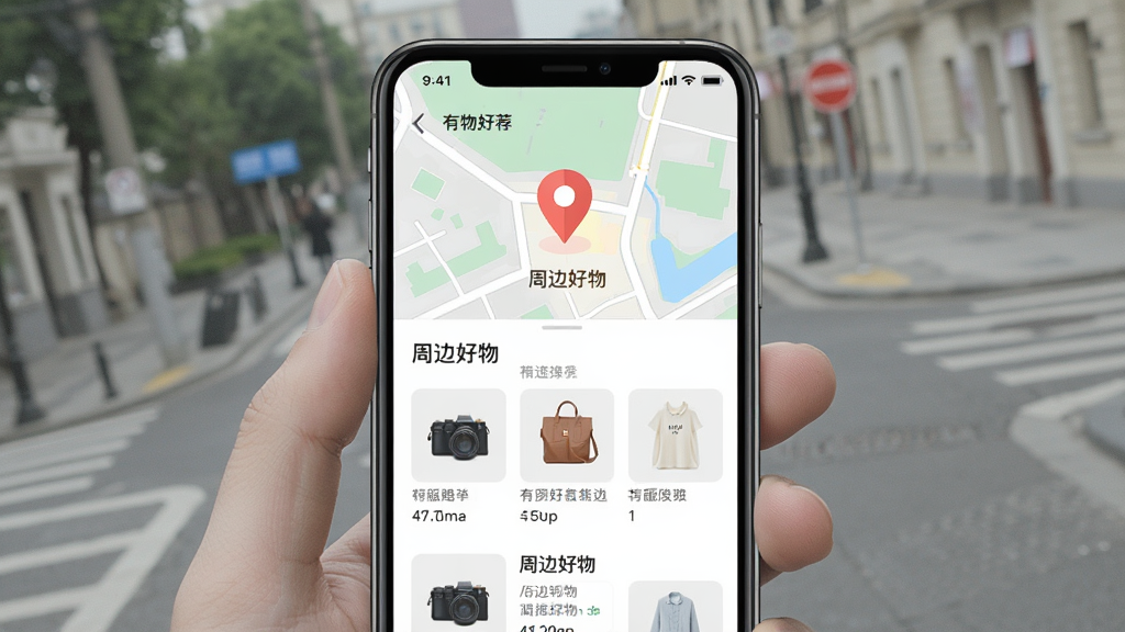 һ��չʾ������APP�����Ƽ����ܵĽ����ͼ����������Ϊ�ֻ���Ļ����Ļ����ʾ��ͼ��λ��Ǻ��ܱߺ����б������ֲ������½ṹ�����Ϊ���¼�Լ��UI��ƣ�ϸ�ڰ�����ɫ��λͼ�����Ʒ����ͼ�������������ɾ����޶���Ԫ��