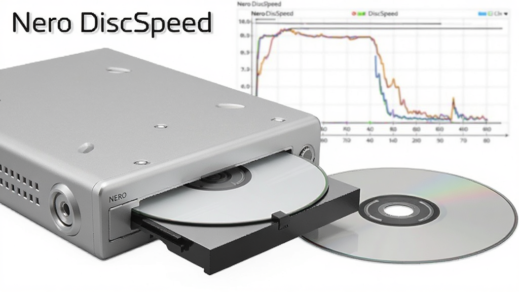 һ̨��ɫ���ù������ڶ�ȡ���̵���д��ͷ����������΢΢�������Ա߷���һ�ſհ� DVD ���̣���������Լ��ʾ Nero DiscSpeed �Ĳ�������ͼ���������ϽǱ�ע 