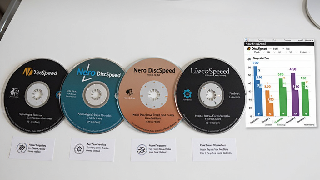 �����ϲ��Űڷ����Ų�ͬƷ�ƵĹ��̣�ÿ�Ź����·����б�ǩ�������Ҳ���ʾ Nero DiscSpeed �ĶԱȲ�����״ͼ��ͼ���в�ͬ��ɫ�����Ӵ�����ͬ��Ƭ�Ĳ��Ե÷֣�����Ϊ�ɾ��İ�ɫ���棬�������������Ϊ��Լ��Ʒչʾͼ�������������޶���Ԫ��
