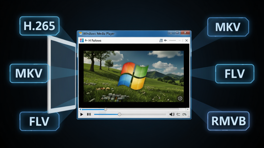 ��������ʾ��ͼ������������һ̨�򿪵�Windows Media Player���ڣ����������ڲ��Ÿ�����Ƶ��������ΧƯ���š�H.265����MKV����FLV����RMVB���ȸ�ʽ��ǩ������Ϊ��ɫ���䣬�����Բ�����Ϊ����������䣬���Ϊ��ƽ���Ƽ��磬ϸ�ڰ�����ǩ���⡢���Ž�����������ͼ�꣬���������ɾ����޶���Ԫ��