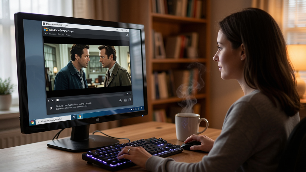 �û���������ͼ������չʾһλ�û����ڵ���ǰ����Ļ��Windows Media Player���ڲ��ŵ�Ӱ�����������������Ա߷���һ�����ȣ�����Ϊ��ܰ�鷿���������������ĻΪ�Ӿ����ģ����Ϊдʵ����磬ϸ�ڰ�����Ļ���⡢���̵ƹ⡢�������������������ɾ����޶���Ԫ��