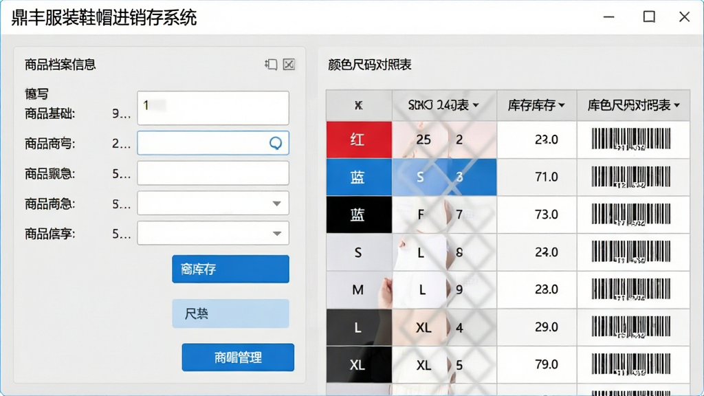 ��Ʒ���Թ���������д������չʾ�����װЬñ������ϵͳ�е���Ʒ�����༭���ڣ����Ϊ��Ʒ������Ϣ��д�����Ҳ�Ϊ��ɫ������ձ��������������г��졢������������ɫ��S��M��L��XL���ֳ��뽻�����ɵ�SKU�б���ÿ��SKU����ʾ��Ӧ�Ŀ�������������룬������Ϊ��ˬ��ǳ�ҵ�ɫ����ɫ��ť�����ֱ�ע���������ʸɾ�������Ԫ��