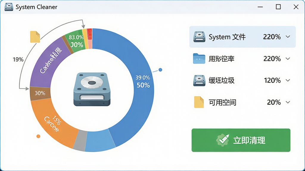 һ��չʾ System Cleaner ���ܴ����������ܵ�ͼƬ������Ϊ���������еĴ��̿ռ��������ͼ��ͼ���ò�ͬ��ɫ��עϵͳ�ļ���Ӧ�ó��򡢻������������ÿռ�ȷ��࣬�Ա���һ����ɫ������������ť������Ϊ��໷��ͼ�Ҳ������б������Ϊ��ƽ������磬ϸ�ڰ�������ͼ�ꡢ�ٷֱ����֡��ļ������ǩ������Ϊ���壬����ɾ����޶���Ԫ��