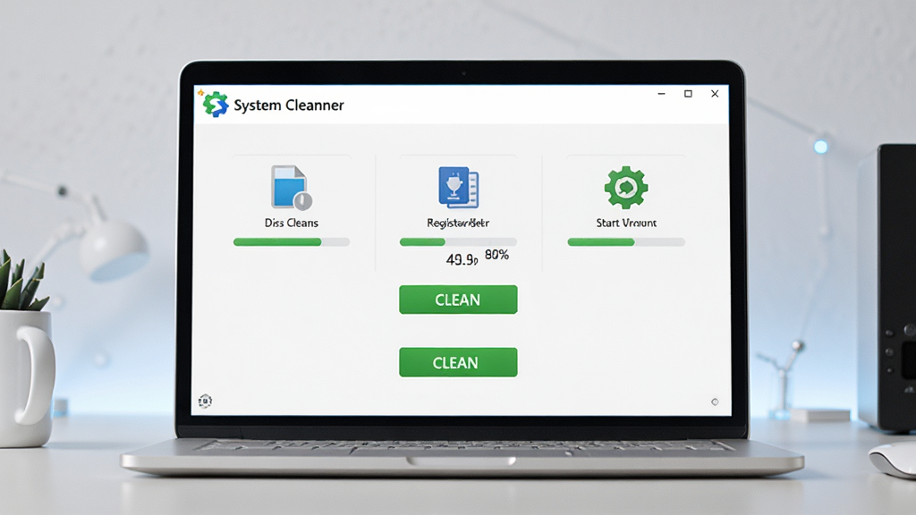 һ��չʾ System Cleaner �����������ͼƬ������Ϊһ̨�򿪵ıʼǱ�������Ļ����Ļ����ʾ System Cleaner ������ɨ����棬�����������������ע����޸�������������ȹ���ģ���ͼ��ͽ�����������Ϊ���ĶԳƣ���Ļ��Χ�иɾ������滷�������Ϊ�ִ��Ƽ��У�ϸ�ڰ�������Logo����ɫ������ť��ɨ����Ȱٷֱ����֣�����Ϊ����1080p������ɾ����࣬�޶���Ԫ��