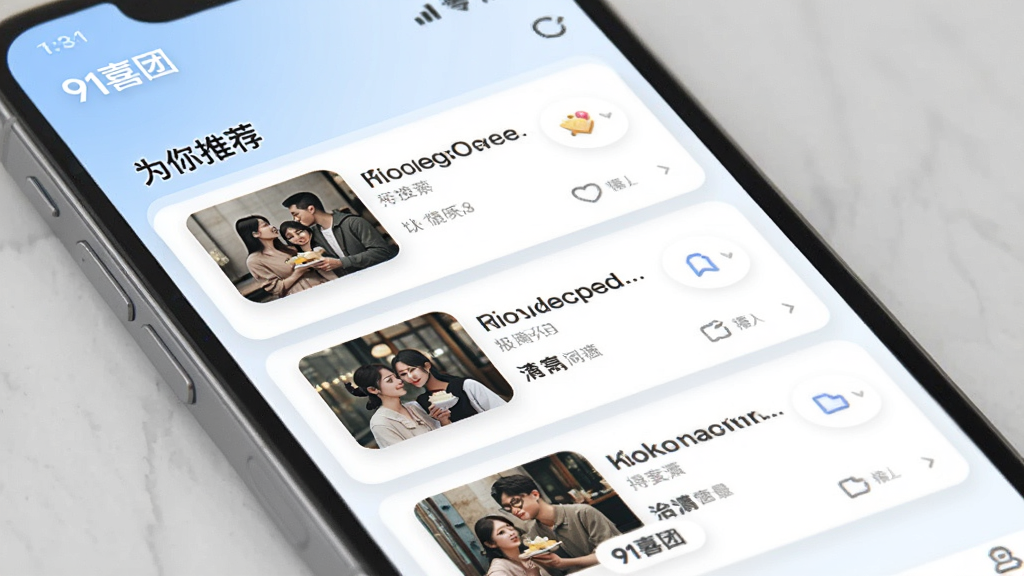 ����չʾ��91ϲ�š�Ӧ�ý����еĸ��Ի��Ƽ�������Ļ������һ����Ϣ���б���ÿ��������������ͼ�ͼ�̱��⣬�б��Ϸ��С�Ϊ���Ƽ������������������͵�ǳ��ɫ���ɫ���䣬����Ϊ��ֱ�б�ʽ��ϸ���ϴ�����΢����Ӱ��Σ�������ִ������ʸɾ��������ʺ���Ϊ���ܽ�����ͼ��