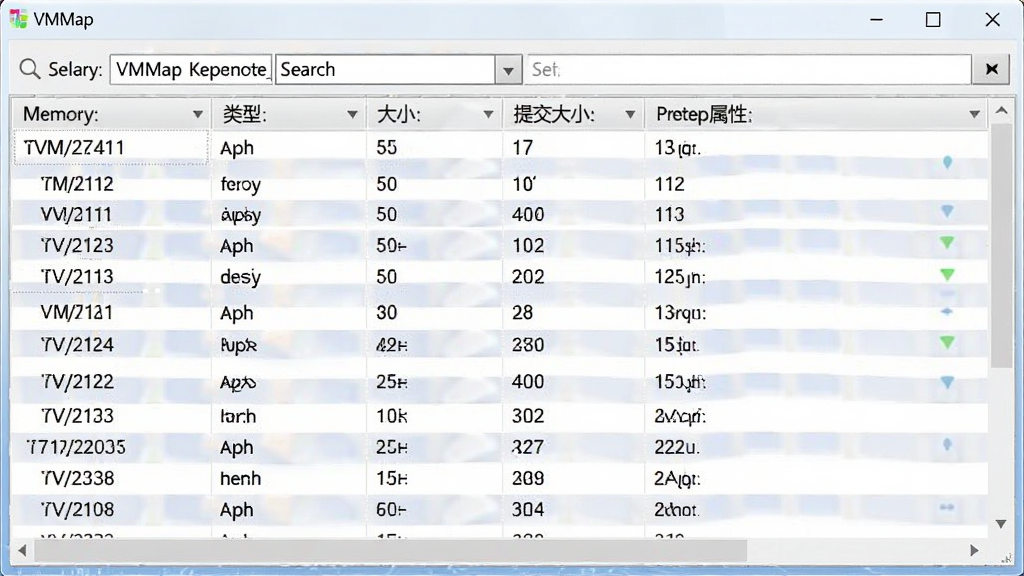VMMap ��������ɸѡ���ܽ��棬����Ϊ�ڴ��¼�б��붥������ɸѡ�����б�������ַ�����͡���С���ύ��С���������Ե��У�������������ؼ��֣�������Ϊרҵ���ݱ�����ʽ��ǳɫ���⣬�и����У�ϸ�����������ֹ��������ʸɾ�