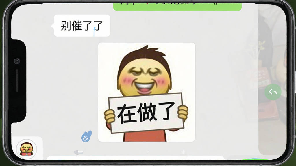 一张聊天界面截图,用户正在发送“别催了”表情包,表情包主体是卡通人物举着牌子写着“在做了”,布局为手机聊天窗口,排版自然,风格活泼,细节上聊天背景是浅灰色,气泡清晰,画质高清,干净,无多余元素