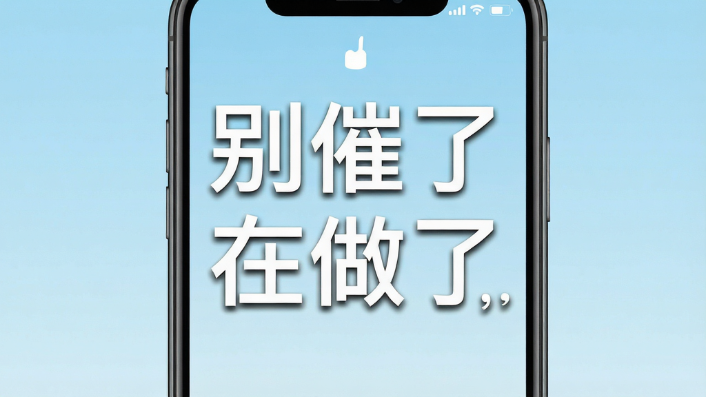 手机锁屏界面展示一张写着“别催了 在做了”的壁纸,背景是渐变的浅蓝色,画面主体是壁纸文字,布局为手机屏幕正面视角,排版居中,风格清新简约,细节上文字带有轻微的阴影效果,画质清晰,干净,无多余元素