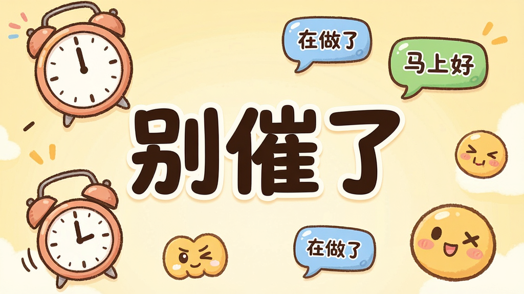 手机屏幕中央展示“别催了”三个大字,背景是明亮的卡通风格,周围环绕着时钟、闹钟、聊天气泡和可爱的小表情,画面布局简洁居中,排版清晰,风格轻松活泼,细节上气泡里写着“在做了”“马上好”,整体色调温暖明快,画质高清,干净,无多余元素