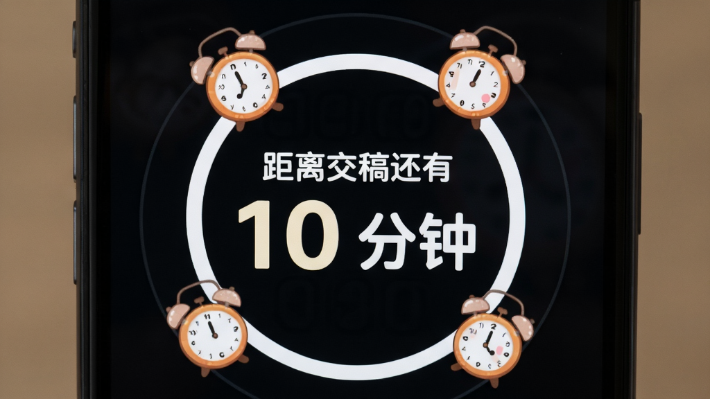 手机屏幕显示一个圆形倒计时界面,中央写着“距离交稿还有 10 分钟”,周围有卡通小闹钟元素,布局为垂直居中,排版简洁,风格可爱,细节上倒计时数字清晰醒目,画质高清,干净,无多余元素