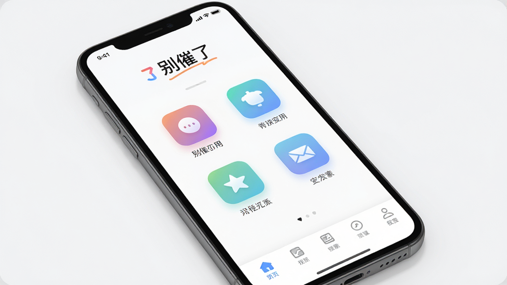 手机屏幕展示别催了应用的主界面,顶部是“别催了”标题,中间是功能图标,底部是导航栏,布局清晰,排版合理,风格现代简洁,细节上图标带有轻微渐变,画质高清,干净,无多余元素