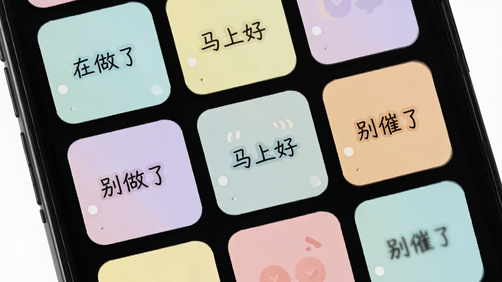 手机屏幕展示一排彩色回复卡片,每张卡片上分别写着“在做了”“马上好”“别催了”,布局为网格排列,排版整齐,风格扁平化,细节上卡片圆角设计,颜色柔和,画质高清,干净,无多余元素