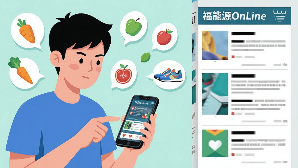 画面主体为一位年轻人在手机上浏览福能源OnLine的健康资讯页面,旁边漂浮着蔬菜、水果、运动鞋等健康元素图标;布局为左右分栏,左侧人物,右侧信息流;排版采用杂志风格,信息层级分明;风格为扁平化插画风,色彩明快;细节上手机屏幕显示“福能源OnLine”标识,人物表情专注;画质高清,干净无多余元素。
