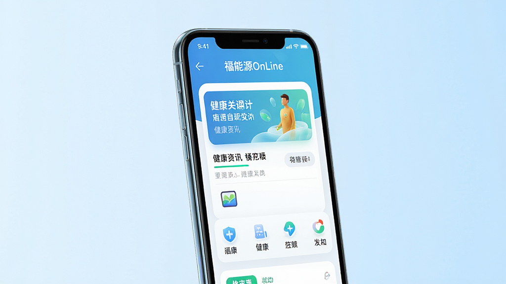 画面主体为一部智能手机,屏幕显示福能源OnLine软件首页界面,包含健康资讯卡片与功能图标;布局采用居中构图,手机略微倾斜展示;排版简洁,背景为柔和渐变浅蓝色;风格为现代科技感与清新健康风结合;细节上手机边缘有轻微反光,界面文字清晰可见,带有“福能源OnLine”字样;画质为高清4K,干净无多余元素。