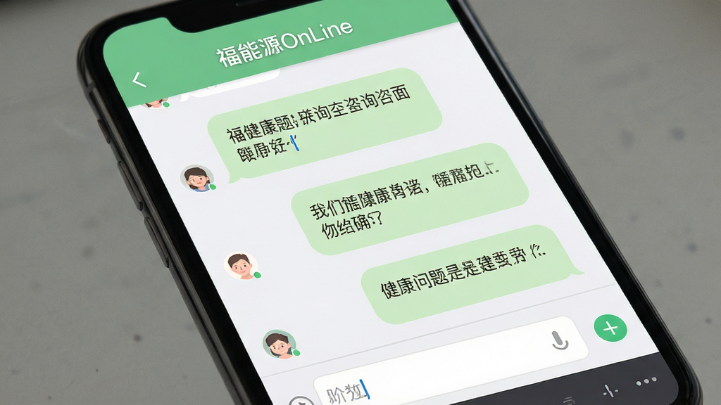 画面主体为手机屏幕特写,展示福能源OnLine的在线咨询聊天界面,对话气泡中包含健康问题与解答;布局为上下结构,顶部为软件名称,中部为聊天记录;排版清晰,文字可读性强;风格为简约UI设计风;细节上聊天气泡有淡绿色与白色区分,底部有输入框;画质高清,干净无多余元素。