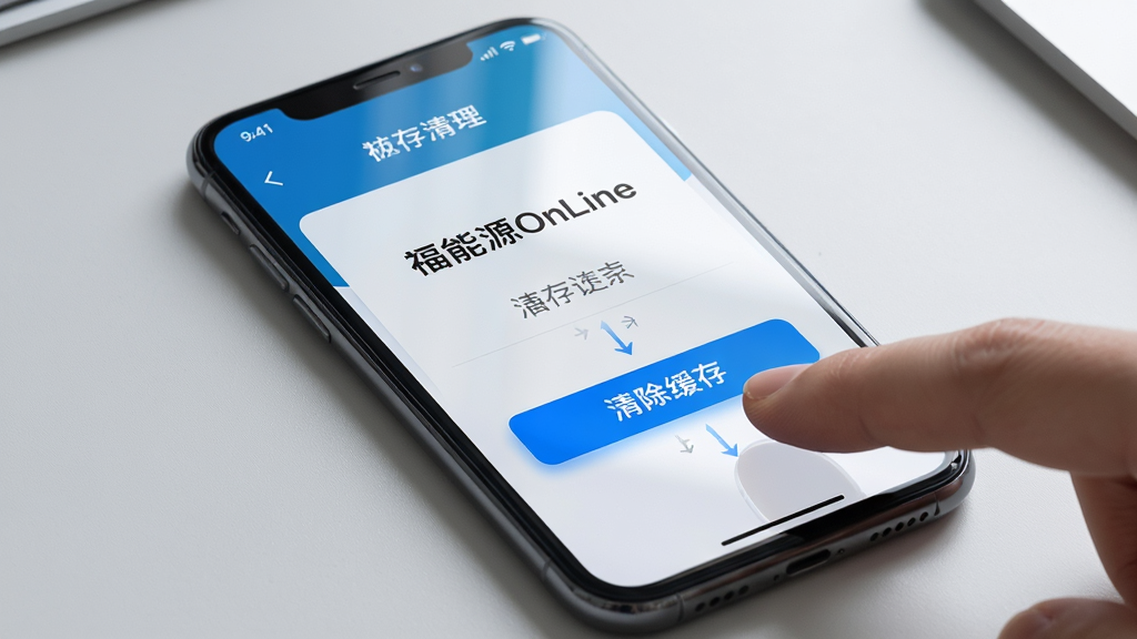 画面主体为一部手机屏幕显示福能源OnLine的缓存清理界面,旁边有手指点击“清除缓存”按钮;布局为手机特写居中,背景为浅灰色桌面;排版简洁,操作指引明确;风格为写实科技风;细节上屏幕有轻微反光,按钮呈蓝色高亮,界面文字包含“福能源OnLine”;画质高清,干净无多余元素。