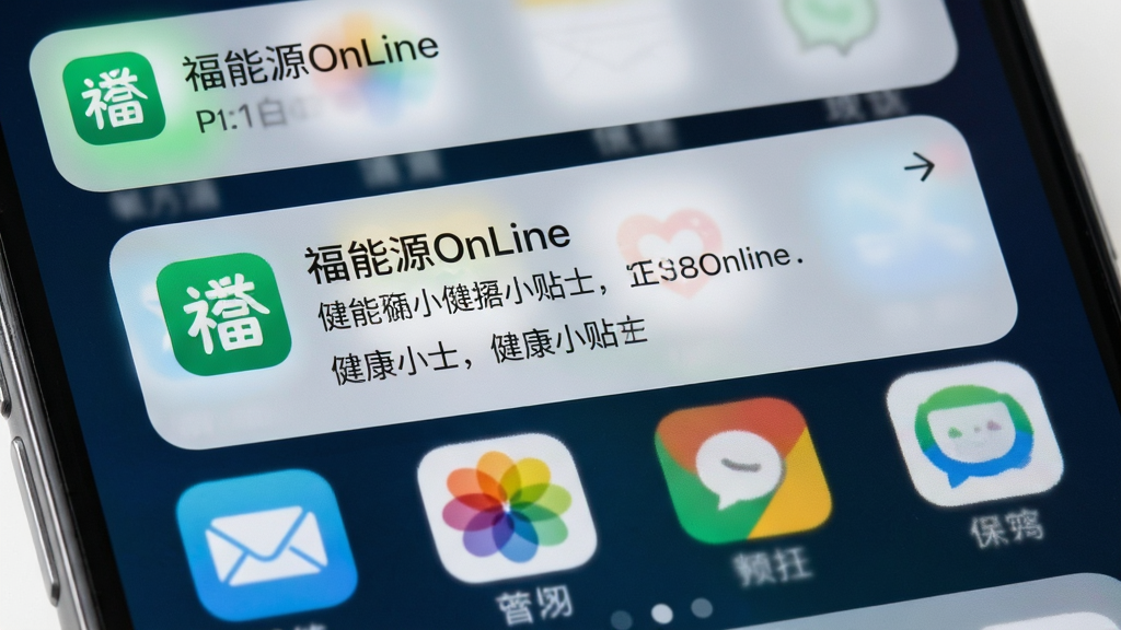 画面主体为手机通知栏弹出福能源OnLine的消息提醒卡片,卡片上显示“健康小贴士”字样;布局为顶部通知栏特写,背景为手机桌面;排版简洁,重点突出;风格为写实UI风;细节上通知卡片有软件图标与文字摘要,桌面图标排列整齐;画质高清,干净无多余元素。