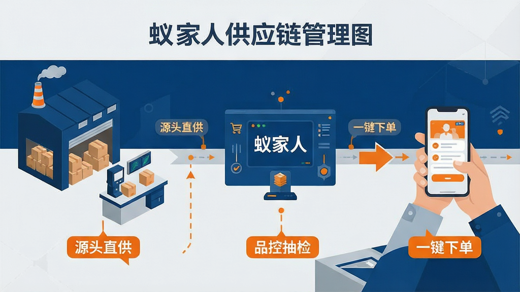一幅展示蚁家人供应链管理的概念图,画面主体为一条从工厂到消费者的可视化供应链流程线,左侧为工厂仓库与质检台,中间为“蚁家人”平台数据中心,右侧为手持手机的消费者,布局采用横向流程图排版,风格为简洁商务信息图,色彩以深蓝、浅灰与橙色点缀为主,细节上各环节配有“源头直供”“品控抽检”“一键下单”等文字标签,画质清晰,干净,无多余元素。